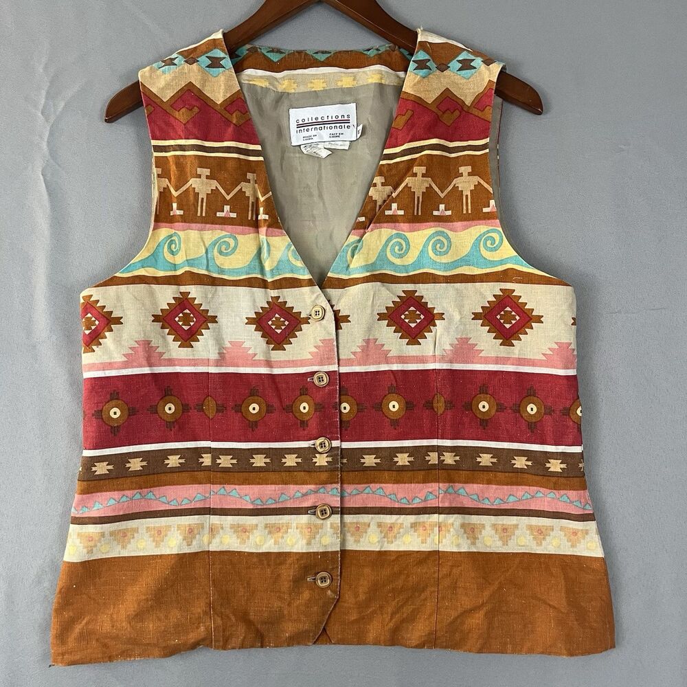 Vtg Women Vest Size 12 Multicolor Southwest Aztec Print‎ Linen Cotton New Mexico